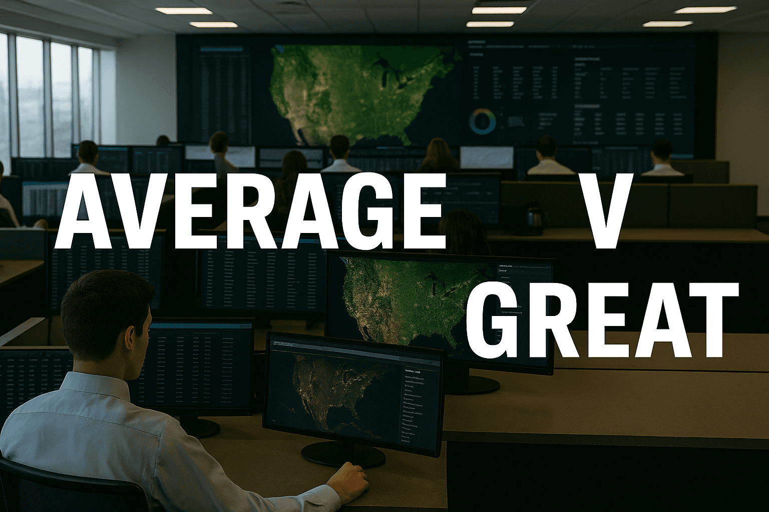 The text Average v Great is overlayed on a busy dispatch office