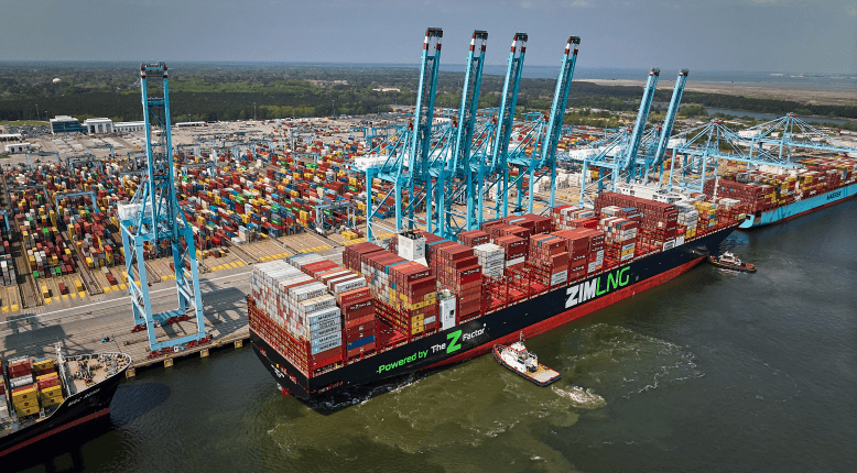 A large container ship with the ZIM Ling logo sits in the Port of Norfolk, surrounded by cranes and containers