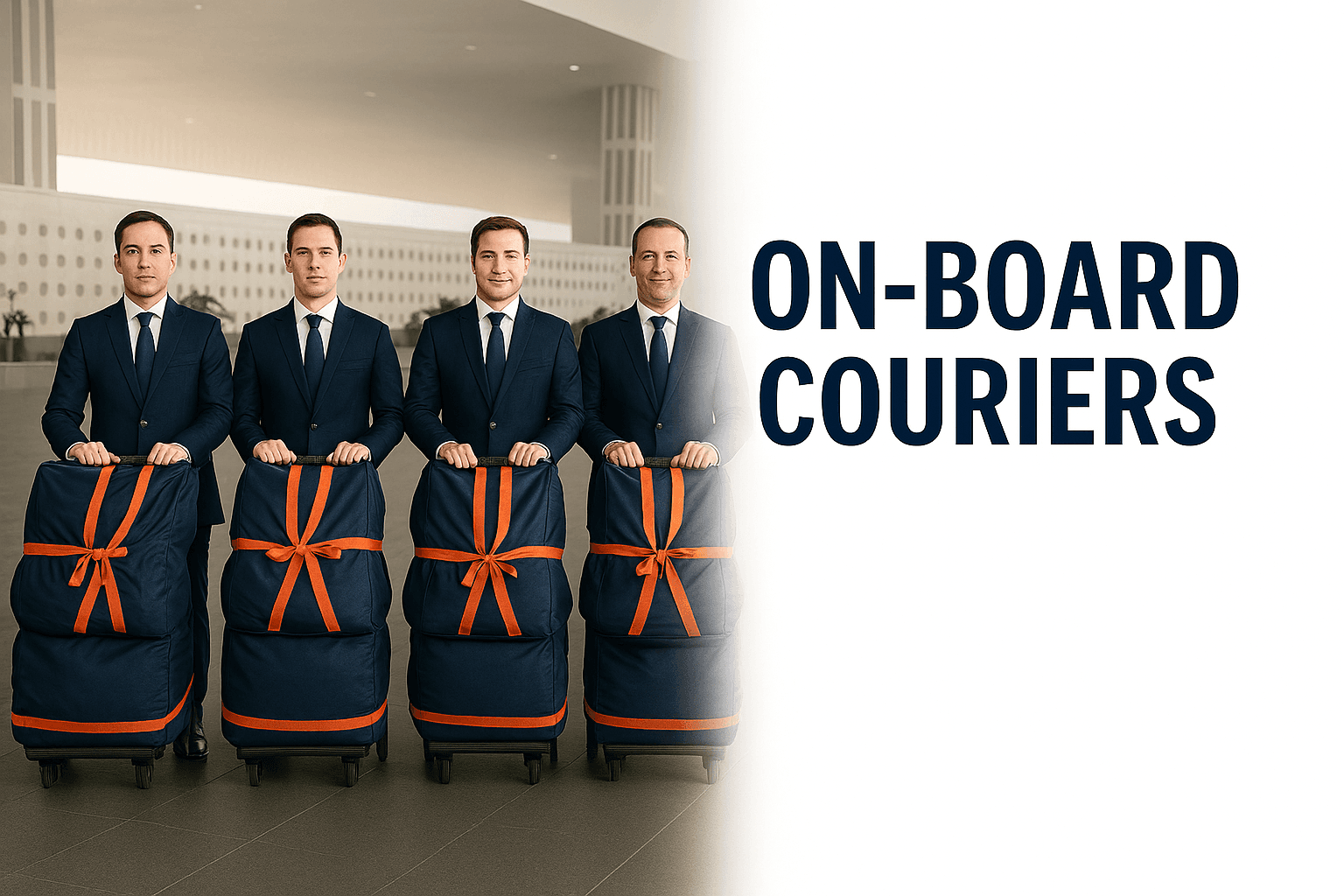 Four men standing with packages in an airport with the text On-Board Couriers overlayed