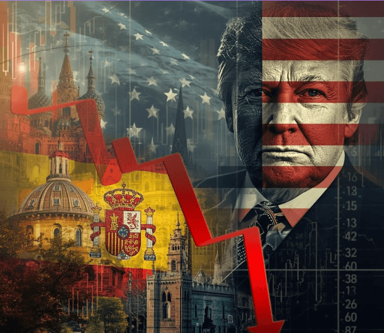 Donald Trump behind an American flag looking at a Spanish Flag with a serious expression