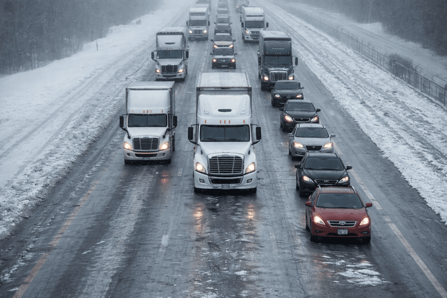 Highways covered in snow and traffic serve to show the delays caused by the winter storm