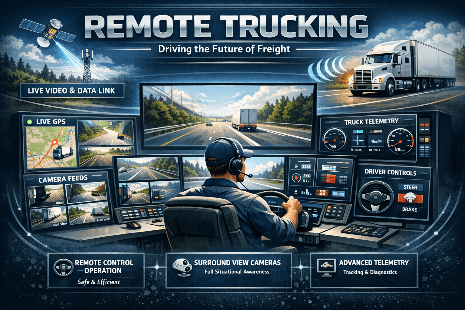 A remote operator sits in a command center, monitoring multiple screens that display the surroundings of an autonomous truck on the road